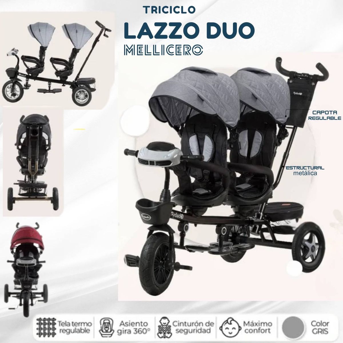 GENERICO - Triciclo Mellicero Lazzo Duo E Baby Gris