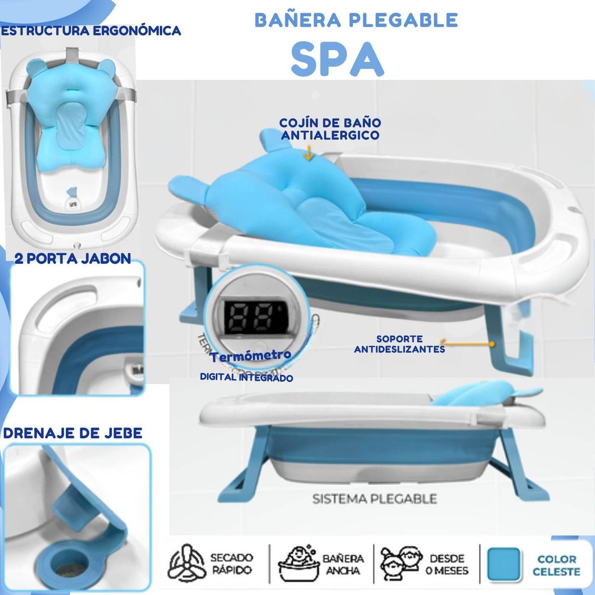GENERICO - Bañera Plegable Spa Antialergico celeste