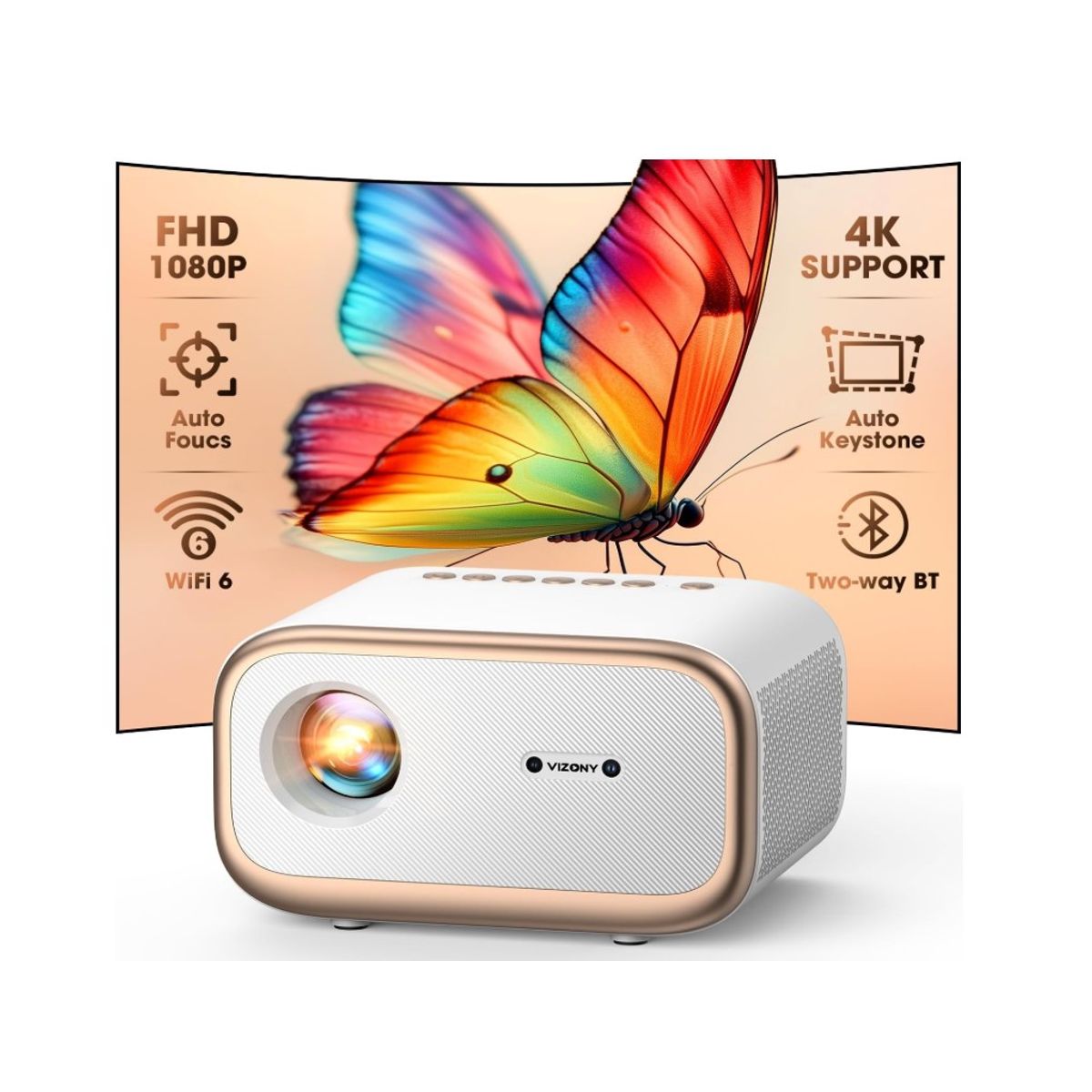 GENERICO - Proyector VIZONY Native 1080PWiFi Bluetooth bidireccionaL 4K-Blanco