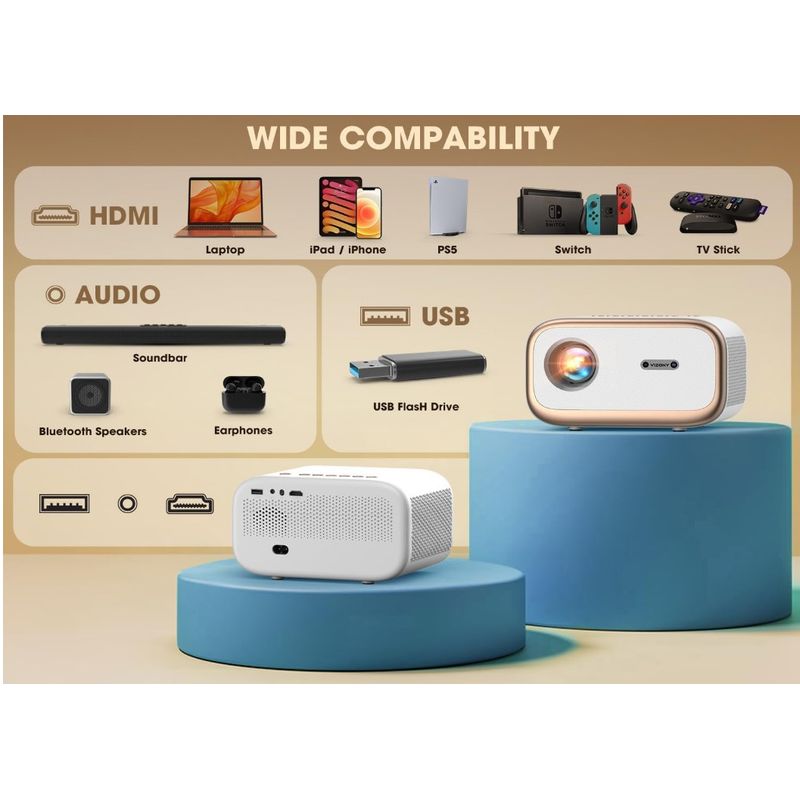 GENERICO - Mini Proyector VIZONY Full HD 1080P 4K Bluetooth WiFi -Gold White
