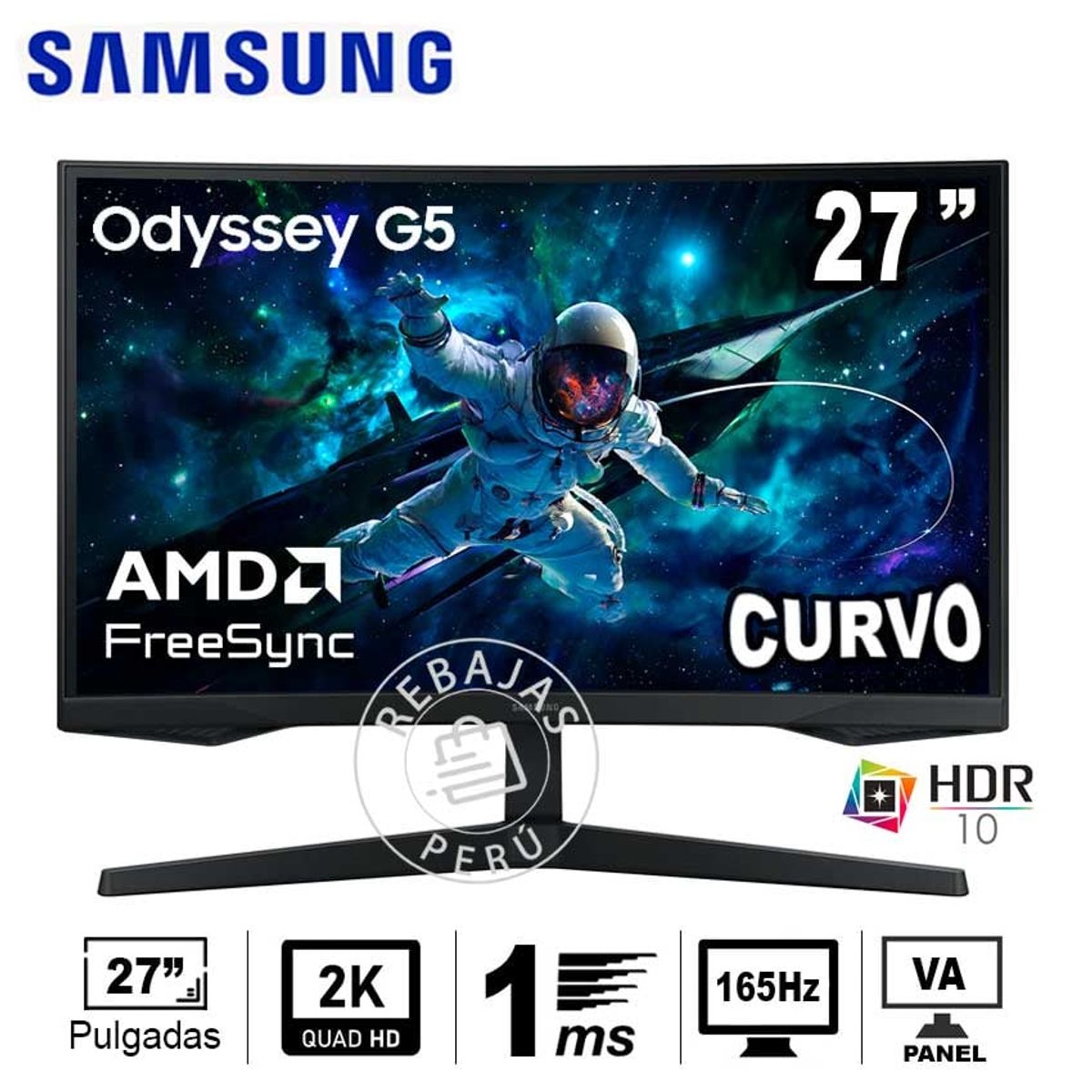 SAMSUNG - Monitor Samsung Odyssey G5 27 Curvo QHD 165Hz 1ms FreeSync Gaming