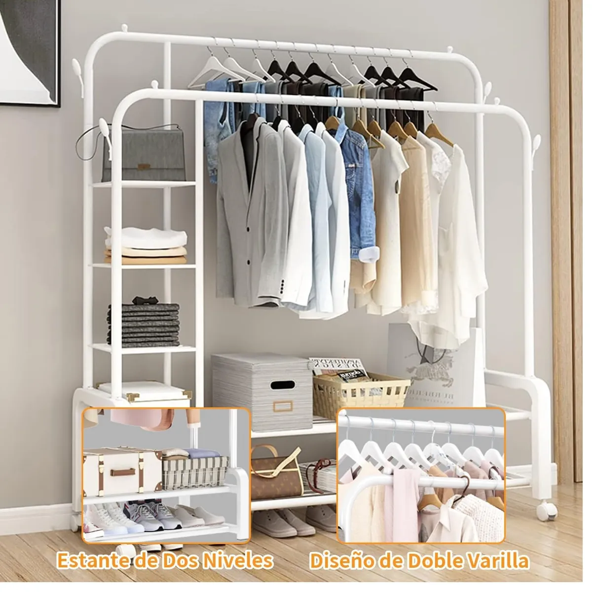 GENERICO - Perchero para Ropa de Doble Barra Ruedas Ganchos Laterales y Estante