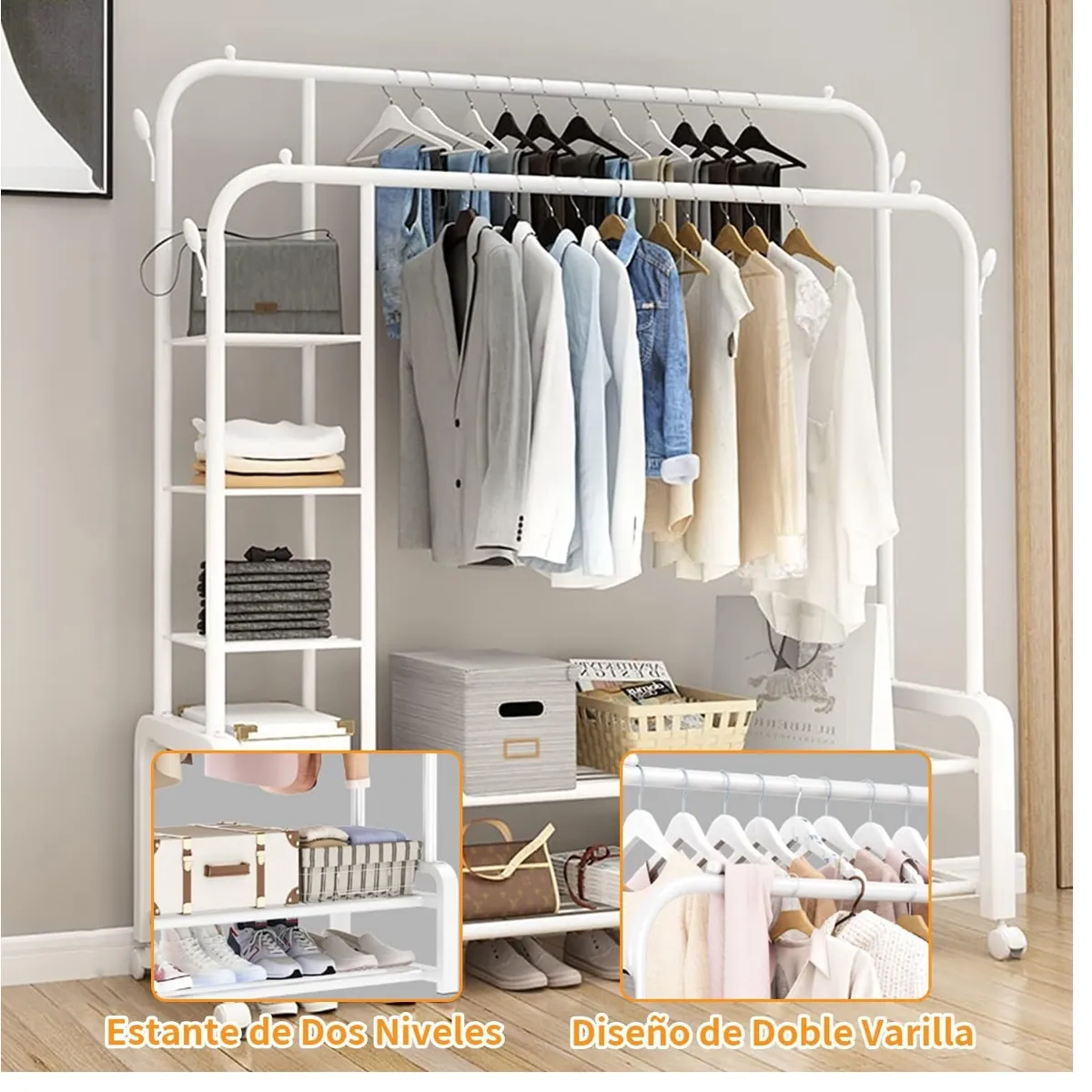 GENERICO - Perchero para Ropa de Doble Barra Ruedas Ganchos Laterales y Estante