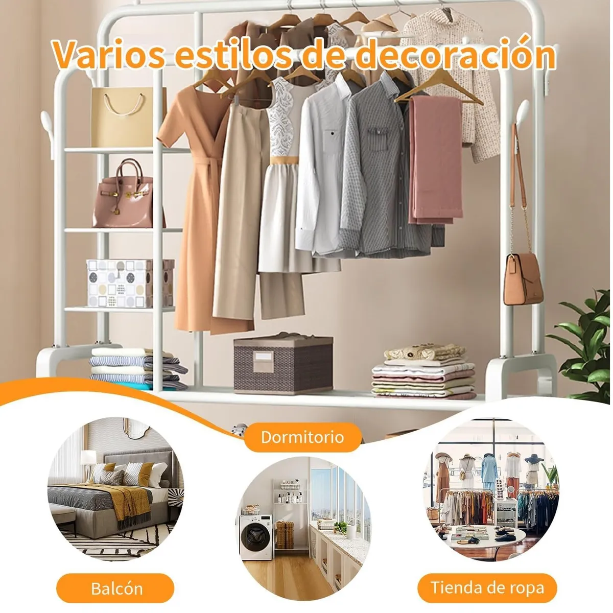 GENERICO - Perchero para Ropa de Doble Barra Ruedas Ganchos Laterales y Estante