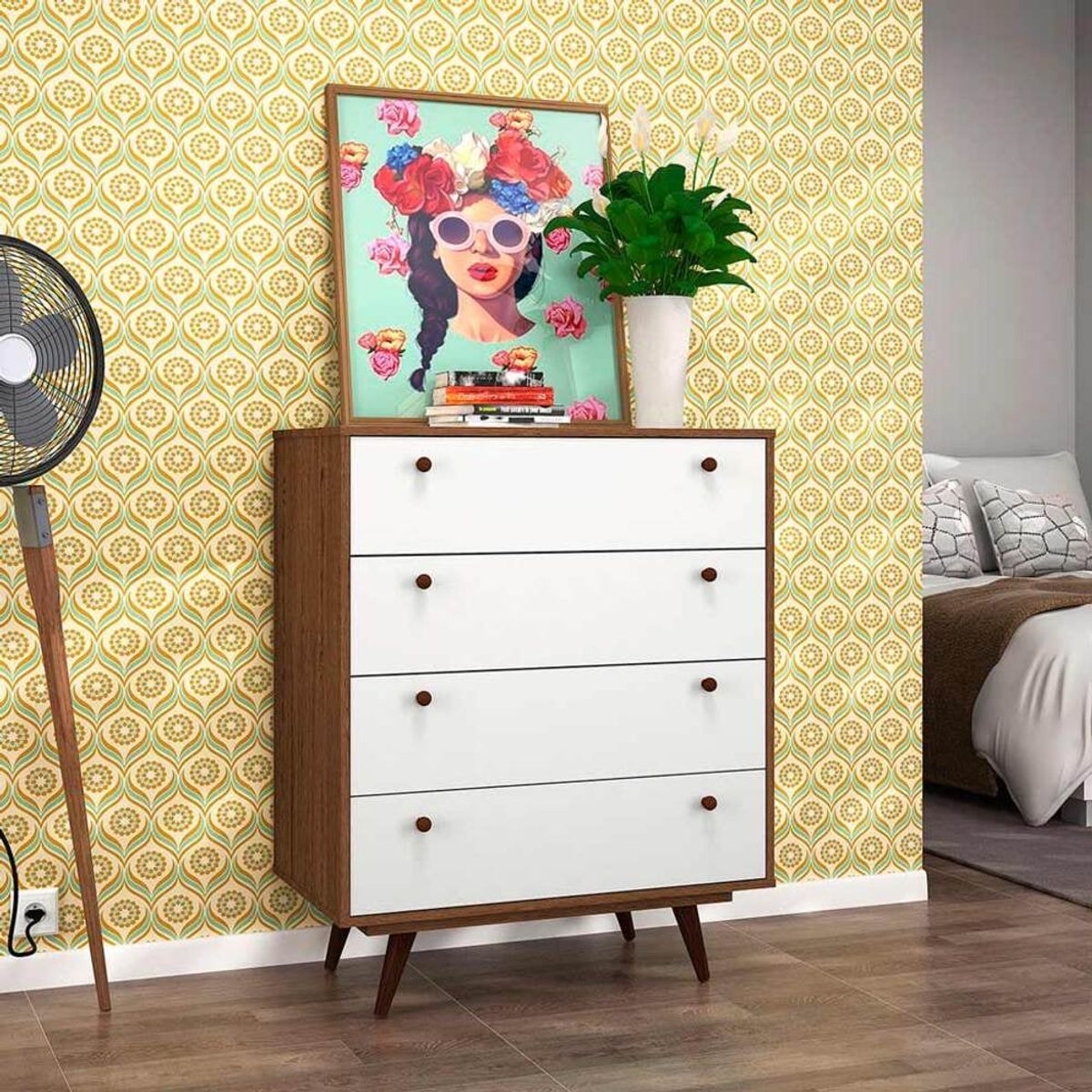 R&R MUEBLES - Cómoda Moderna Kim 4 Cajones Marrón/Blanco R&R MUEBLES