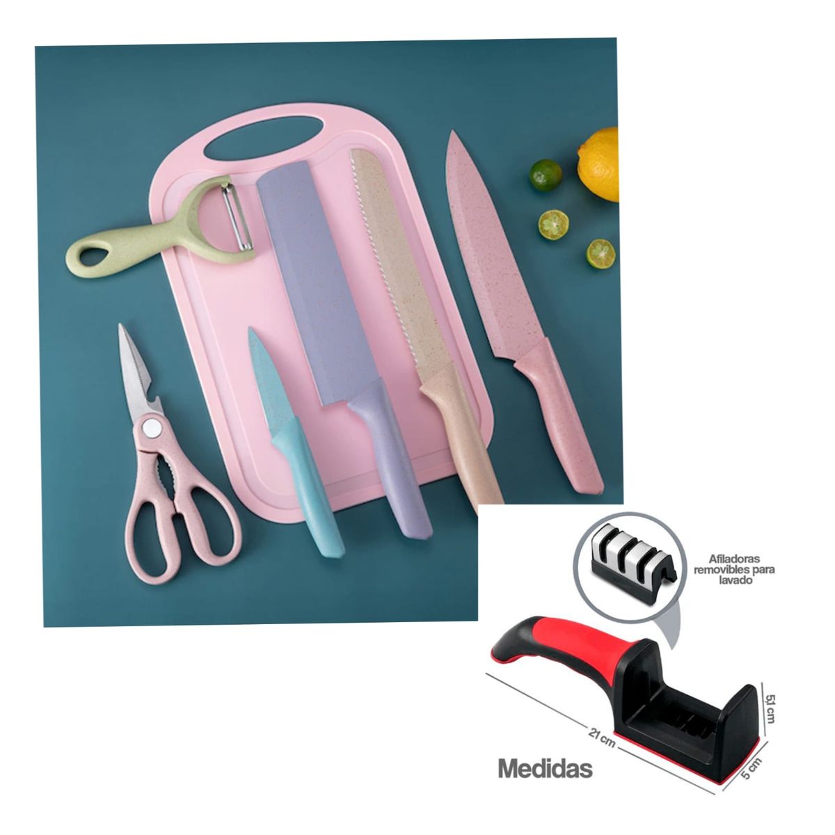 GENERICO - Pack de cuchillos tonos pastel y afilador de cuchillos