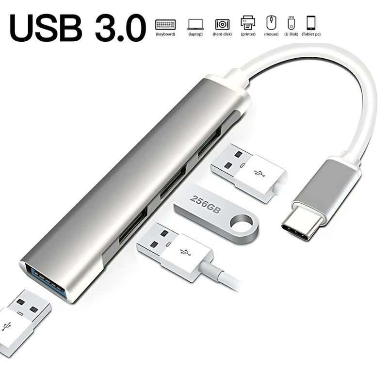 GENERICO - Adaptador HUB Aluminio USB-C 4 Puertos 3.0 Compatibilidad Universal
