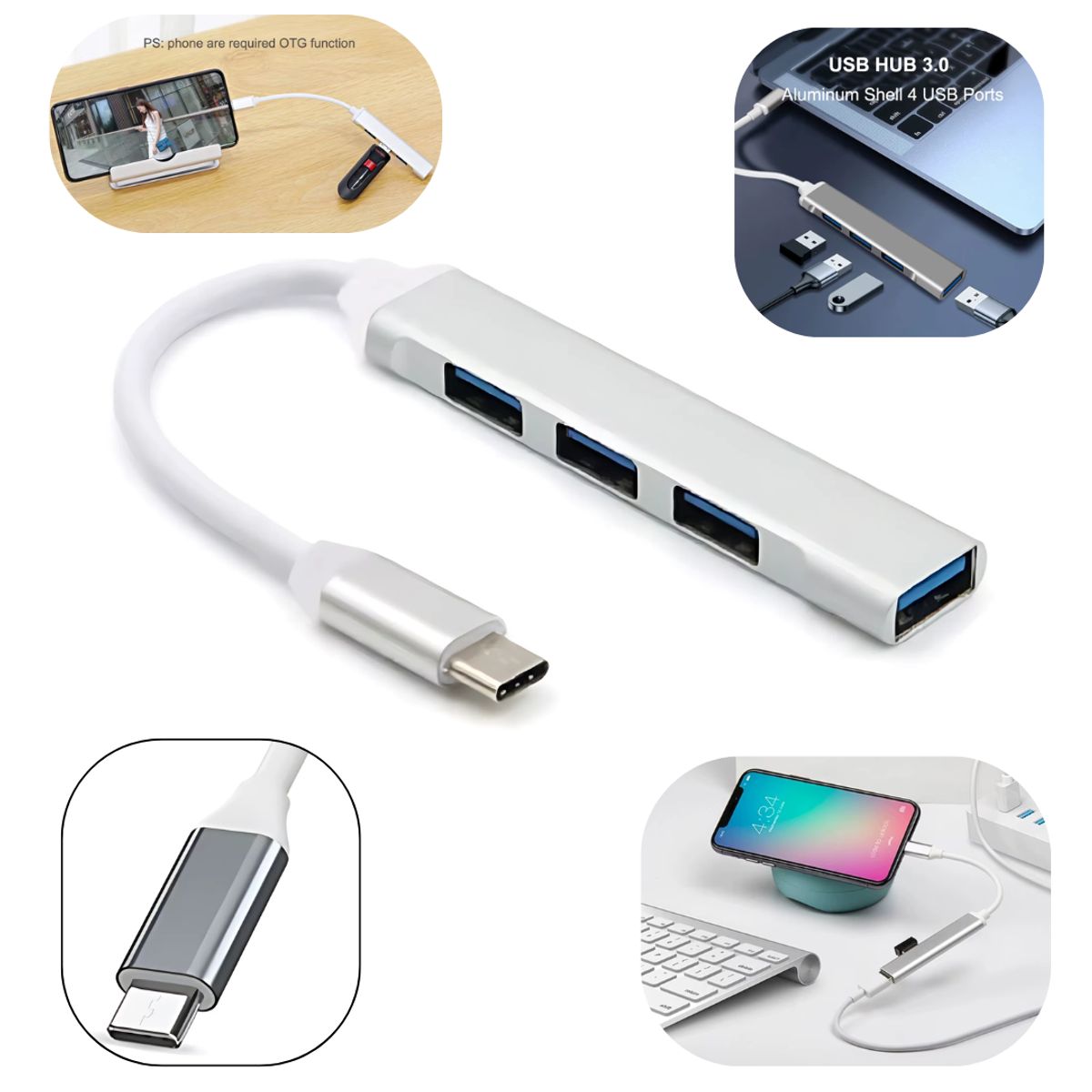 GENERICO - Adaptador HUB Aluminio USB-C 4 Puertos 3.0 Compatibilidad Universal