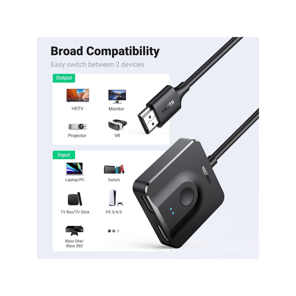 UGREEN - Switch HDMI 2 en 1 4k 60hz Splitter HDMI 2.0 1metro UGREEN