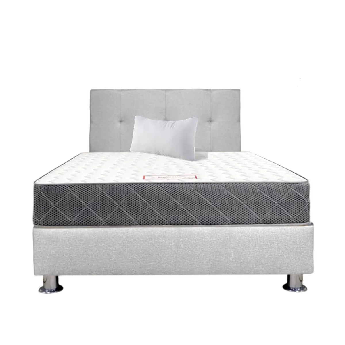 MUEBLES MACRUMO - Combo Cama tapizada Brisa Gris claro2p+Colchon Semiortopedico+Almohada