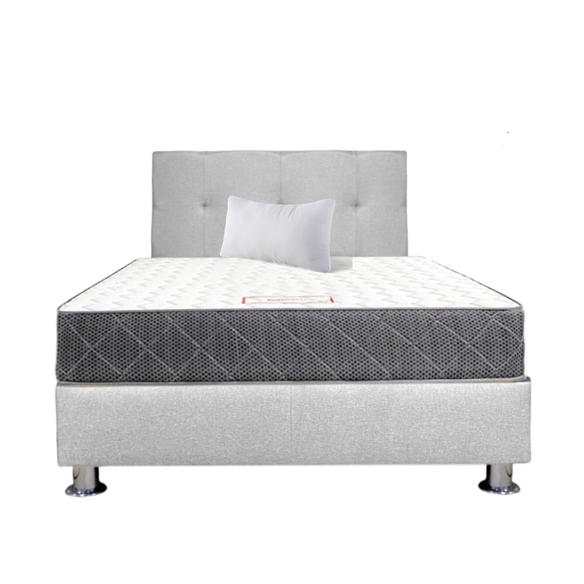 MUEBLES MACRUMO - Combo Cama tapizada Brisa Queen Gris claro+Colchon +Almohada + funda