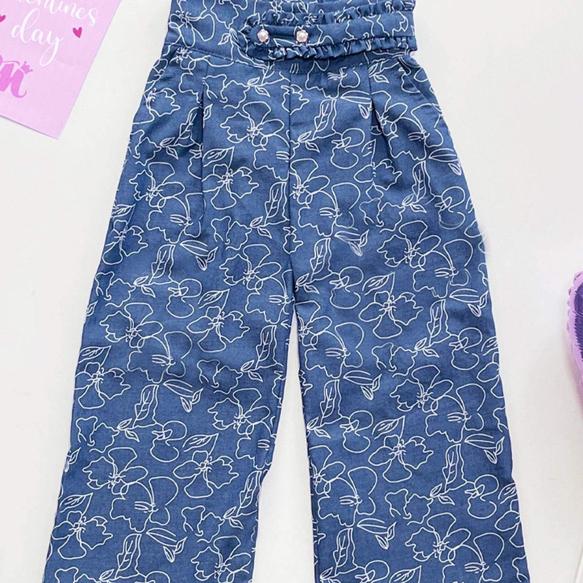 KIDS MASHMELO - Pantalón de Chambray con Cintura Alta Fruncida para Niña Kids Mashmelo