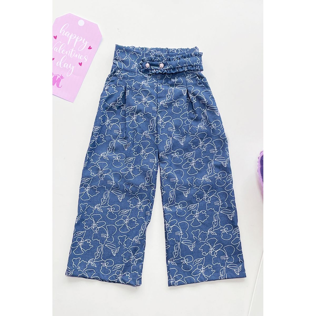 KIDS MASHMELO - Pantalón de Chambray con Cintura Alta Fruncida para Niña Kids Mashmelo