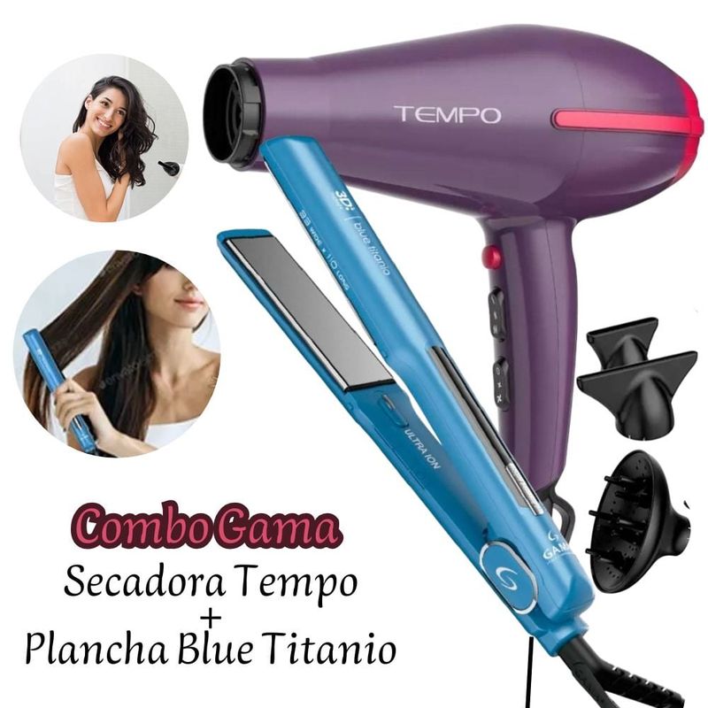 GAMA - Duo Gama Secadora Gama Tempo Morada 3D + Plancha Gama Blue Titanio Dig