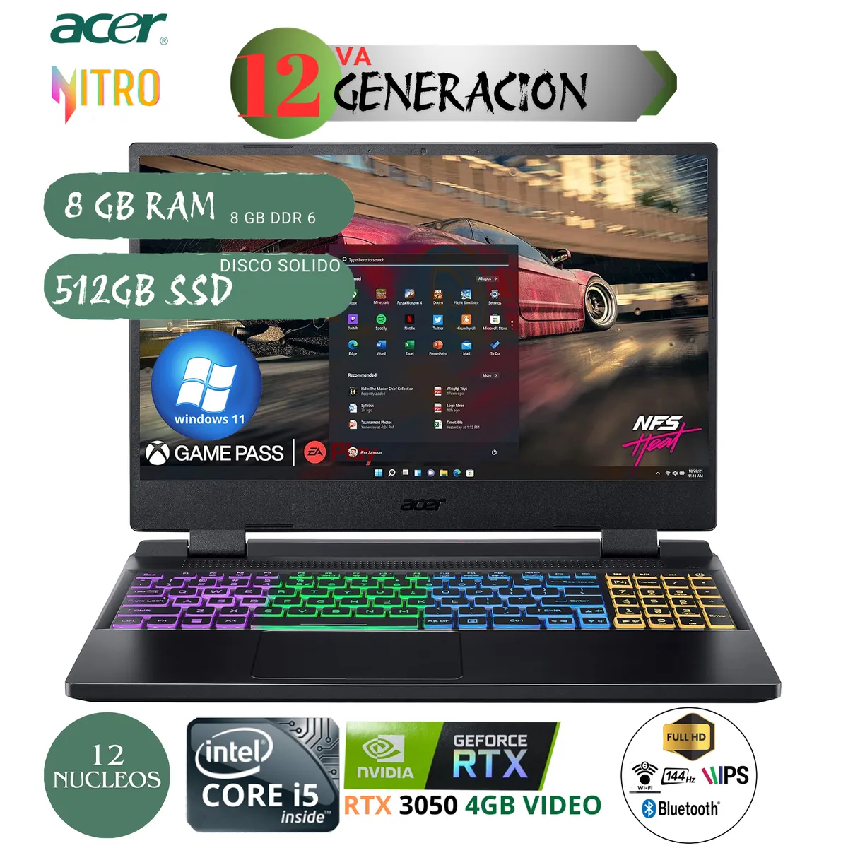 ACER - Laptop Acer Nitro 5 AN15-58-54ZF Core i5-12500H, 8GB RAM, 512GB SSD, RTX 3050 4GB, 15.6″ FHD