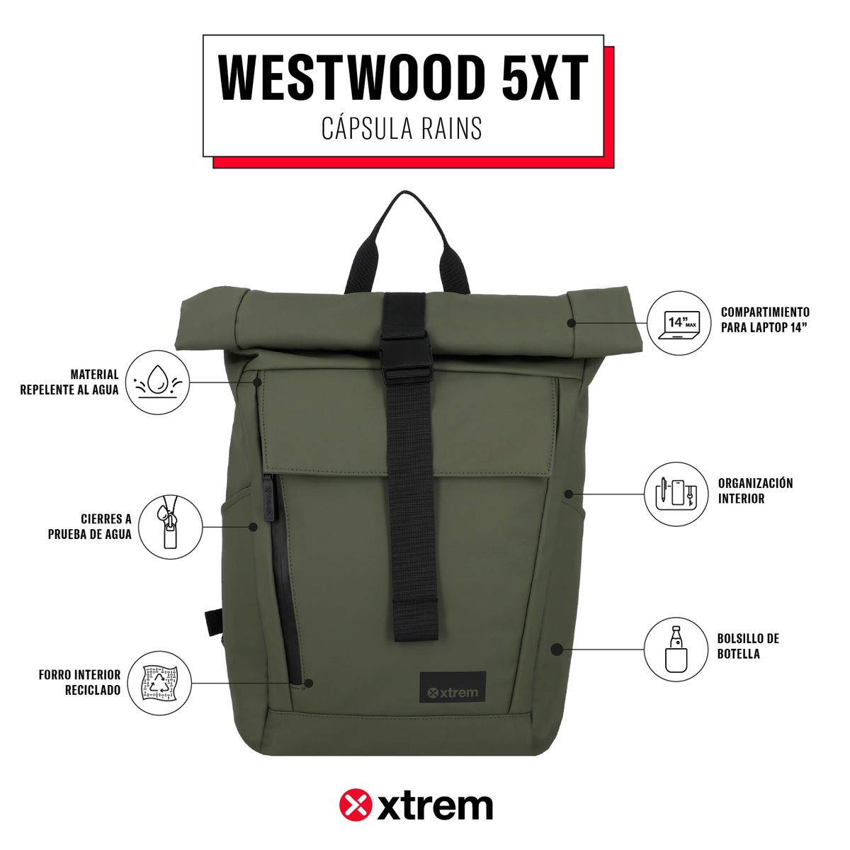 XTREM - Mochila Impermeable Westwood 5Xt 14'' Alpine Green