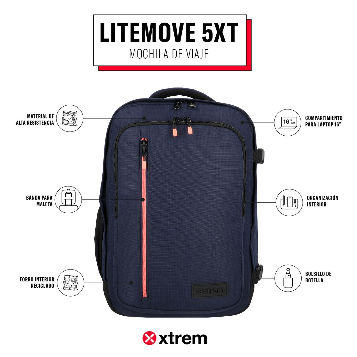 XTREM - Mochila Travel Cabina Litemove 5Xt 16'' Navy Blue