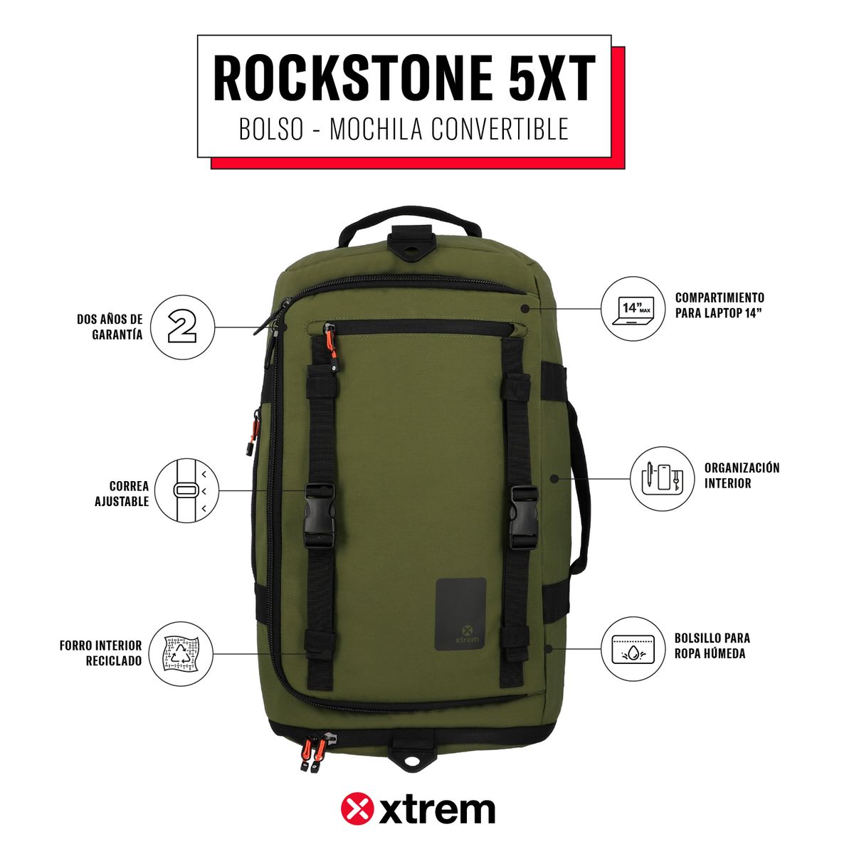 XTREM - Mochila Viajera Rockstone 5Xt 14'' Olive