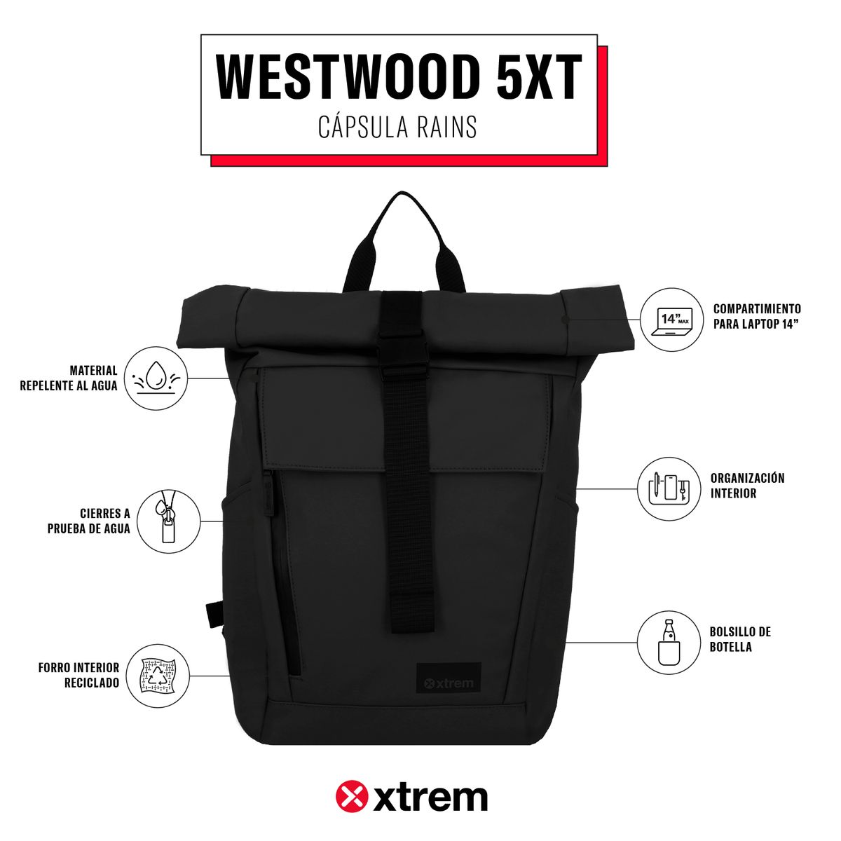 XTREM - Mochila Impermeable Westwood 5Xt 14'' Carbon Black