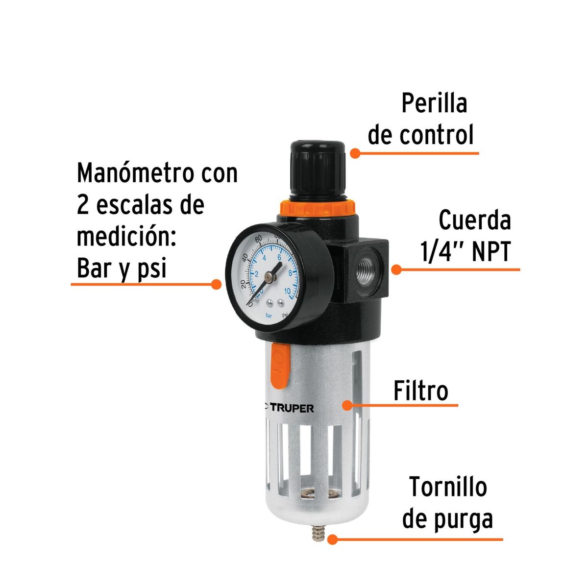 TRUPER - Filtro Y regulador de presión para compresora de aire