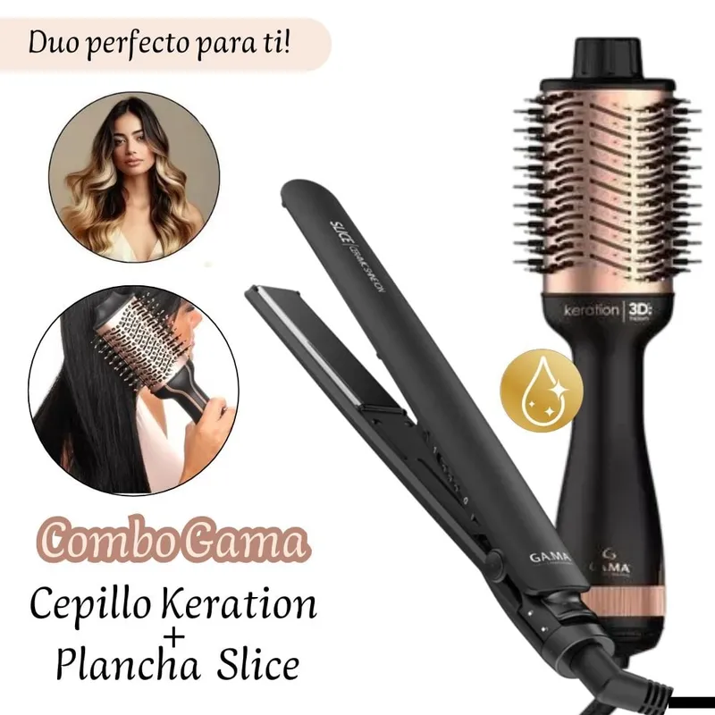GAMA - Combo Plancha de Cabello Slice Gama + Cepillo Secador Gama Keration 3D
