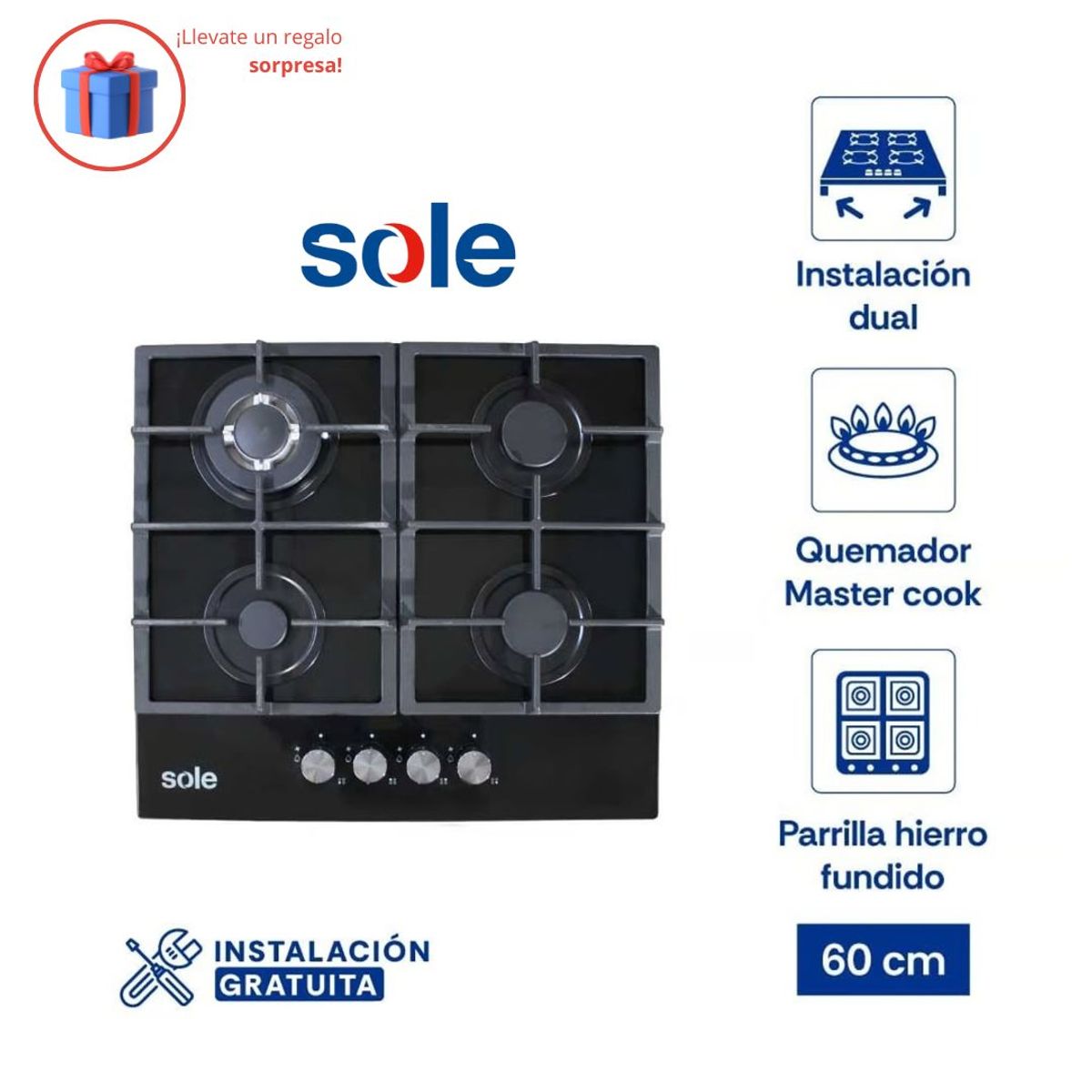 SOLE - Encimera Vidrio Templado Sole A Gas 60cm