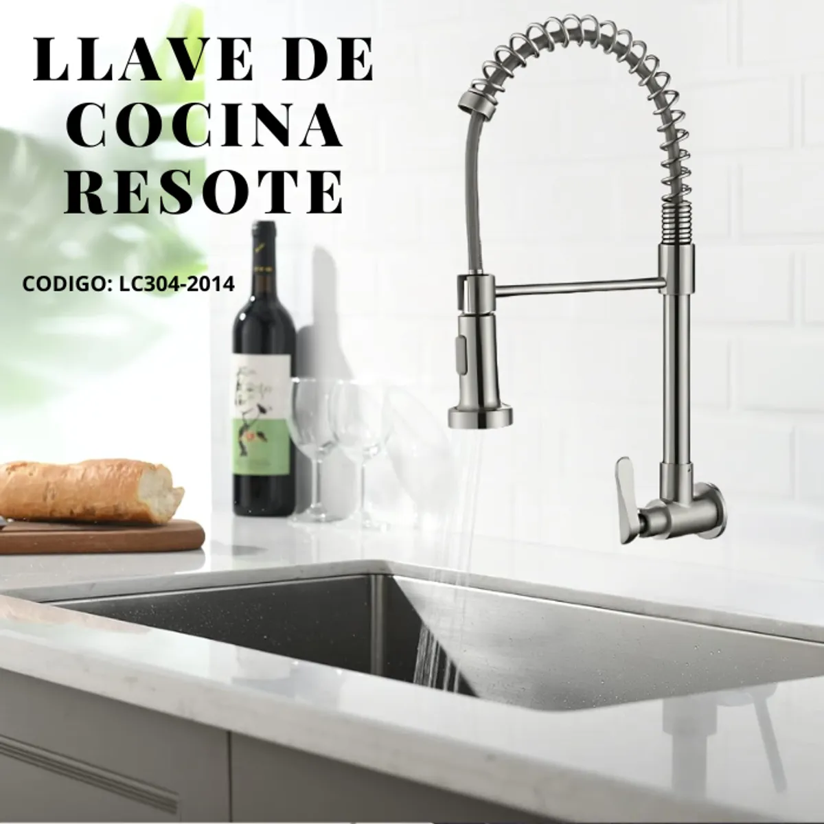 XM - GRIFERÍA DE COCINA RESORTE A LA PARED SATINADO LC304-2014