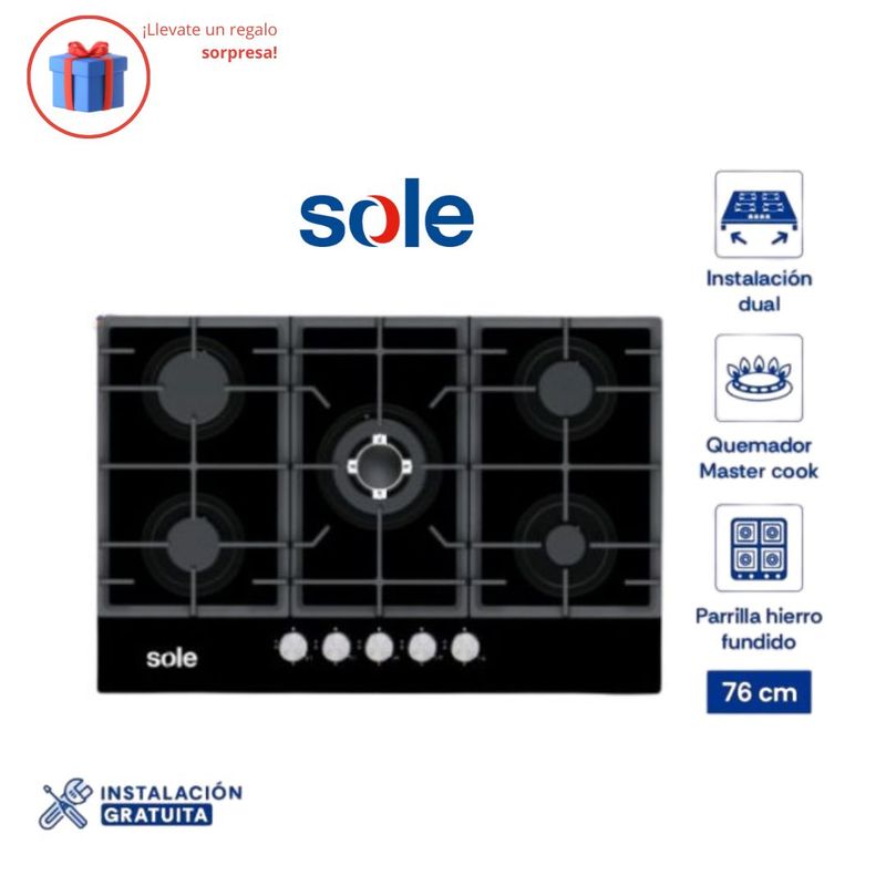 SOLE - Encimera Vidrio Templado Sole A Gas 77cm