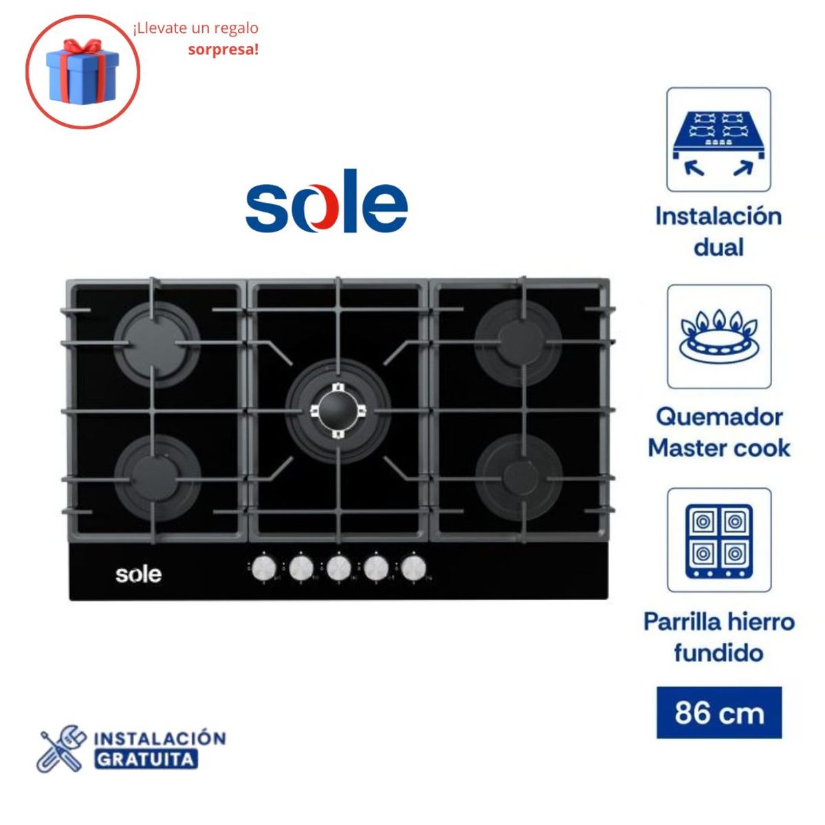 SOLE - Encimera Vidrio Templado Sole A Gas 86cm