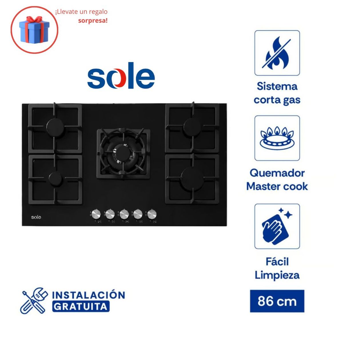 SOLE - Encimera Vidrio Templado Sole A Gas 86cm