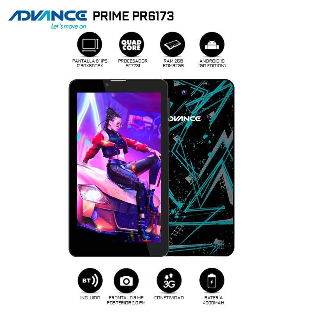ADVANCE - Tablet Advance Prime EDU, 8" 1280x800, Android 10 Go , 3G , SIM Card , 32GB, RAM 2GB.