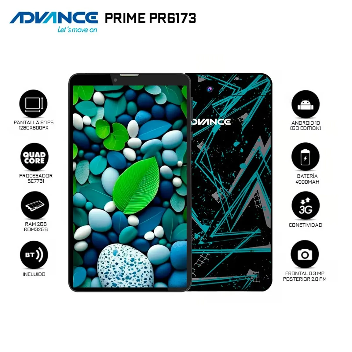 ADVANCE - Tablet Advance Prime EDU, 8" 1280x800, Android 10 Go , 3G , SIM Card , 32GB, RAM 2GB.