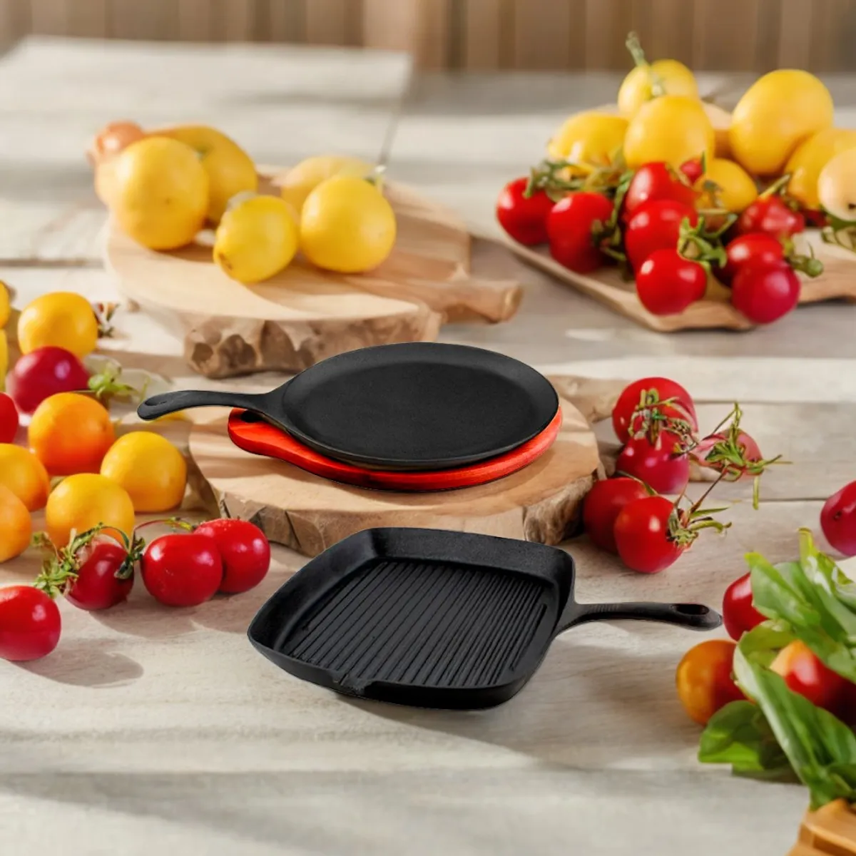 LUGANO - Pack plancha oval con base de madera & grill cuadrado - hierro fundido