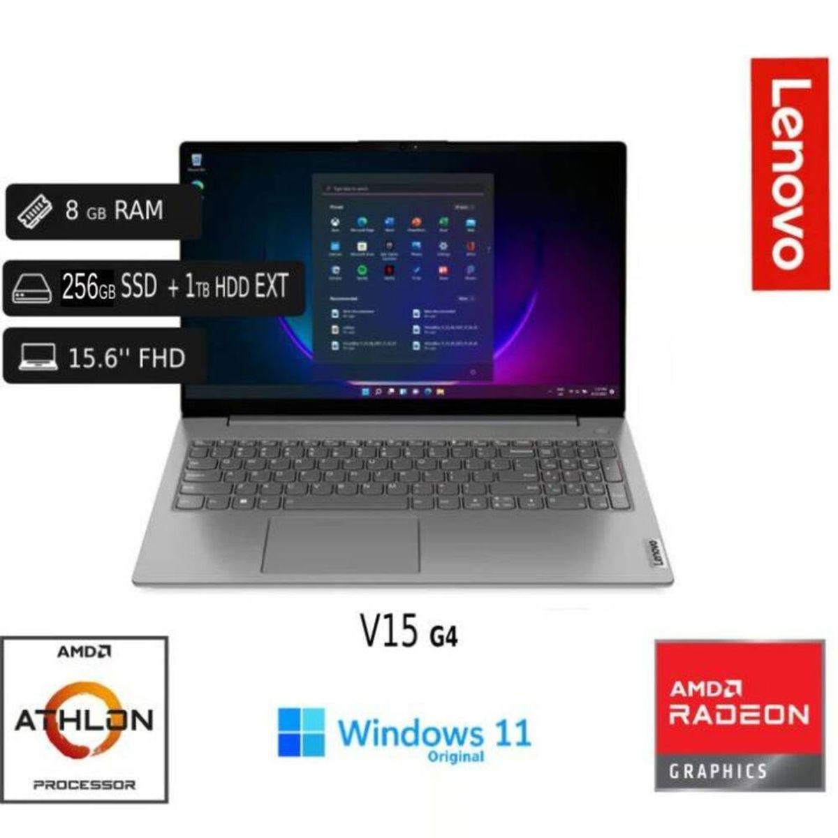 LENOVO - Lenovo V15 G4 AMD SILVER 8GB RAM 256GB SSD 1TB HDD EXT. 15.6 + COOLER + USB 128GB