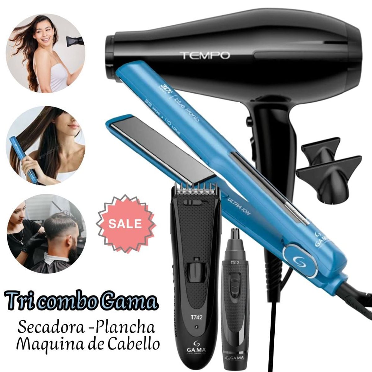 GAMA - Trio Gama Secadora Profesional Tempo Negro 3D - Plancha Alisadora Blue Titanio 3D Dig - Maquina Black
