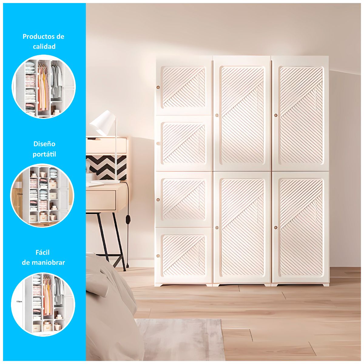 GENERICO - ROPERO PLEGABLE DE 3 CUERPOS CON PUERTAS BLANCAS