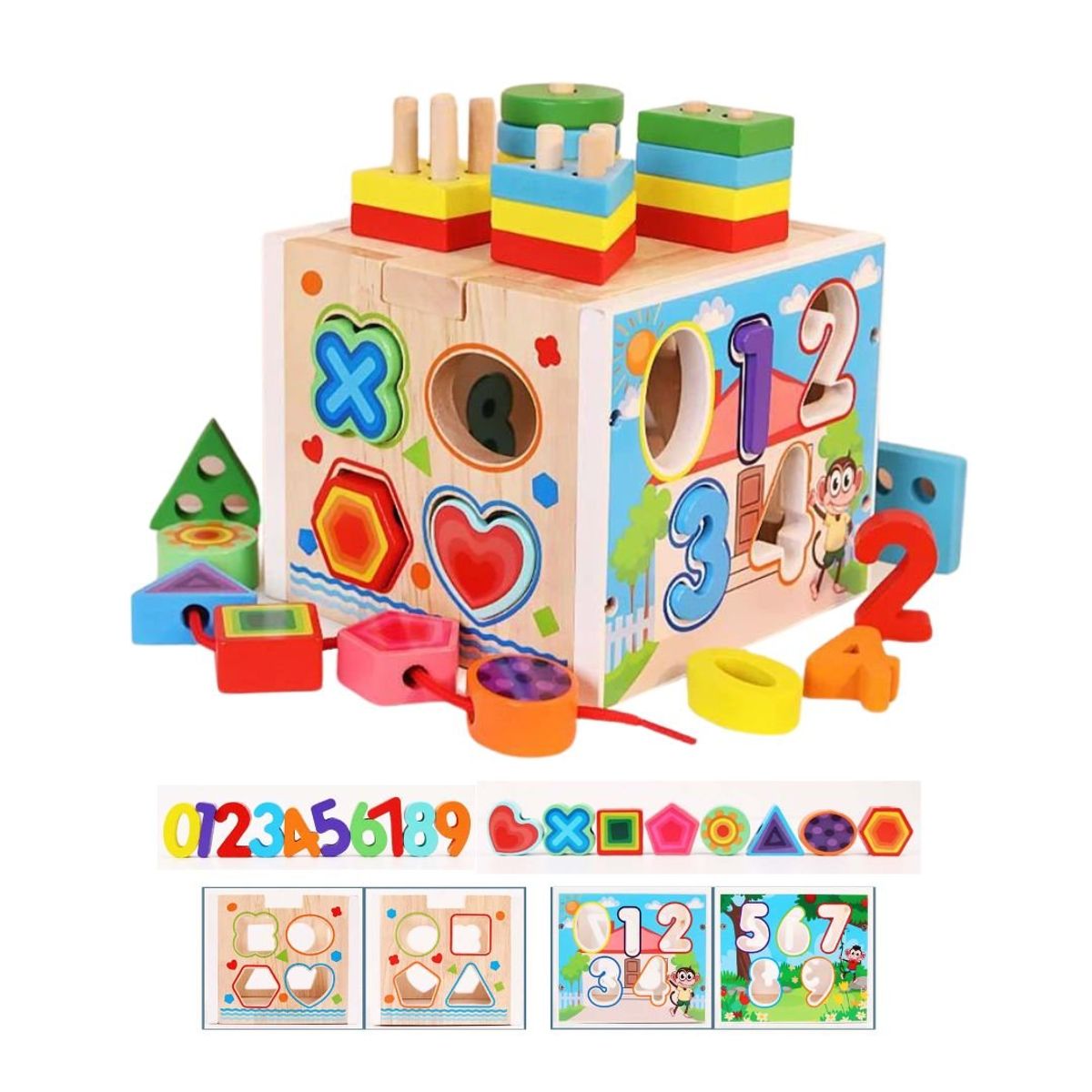 GENERICO - Cubo Didáctico Montessori Números y Formas Geométricas - Juguete Educativo de Madera para Bebés