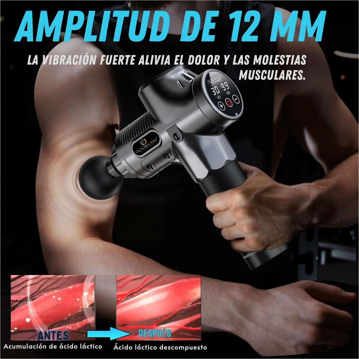 VICTORIA - Pistola masajes Profesional 30 Velocidades digital 6 Cabezales