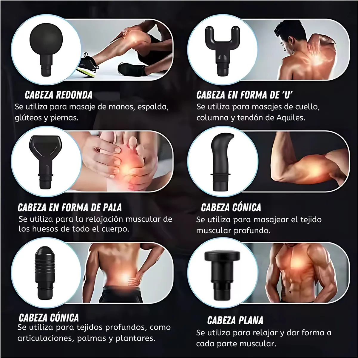 VICTORIA - Pistola de Masaje Muscular Profesional con 6 Cabezales, 30 Velocidades
