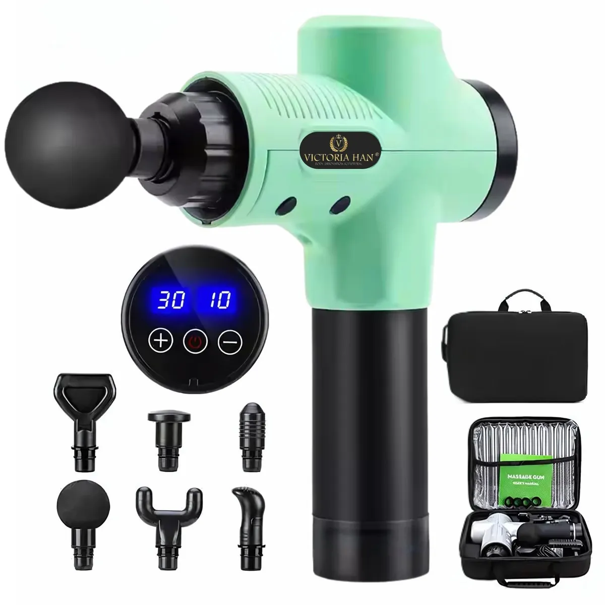 VICTORIA - Pistola de Masaje Muscular Profesional con 6 Cabezales, 30 Velocidades