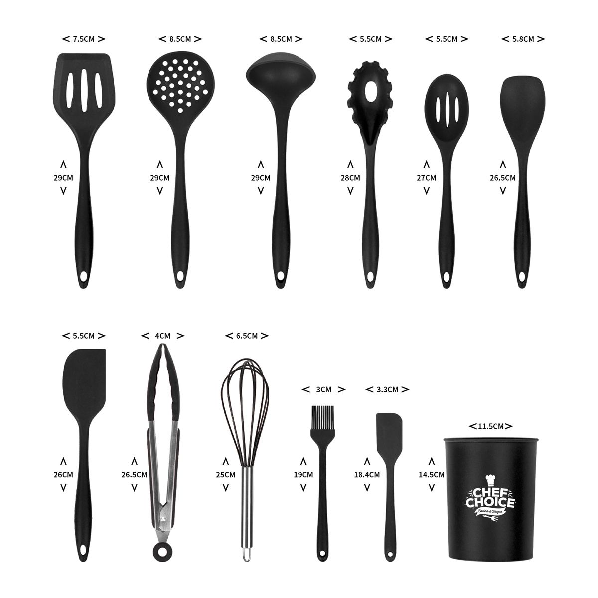 CHEFCHOICE - Set 12 Juego Utensilios De Silicona De Cocina Negro Antiadherente