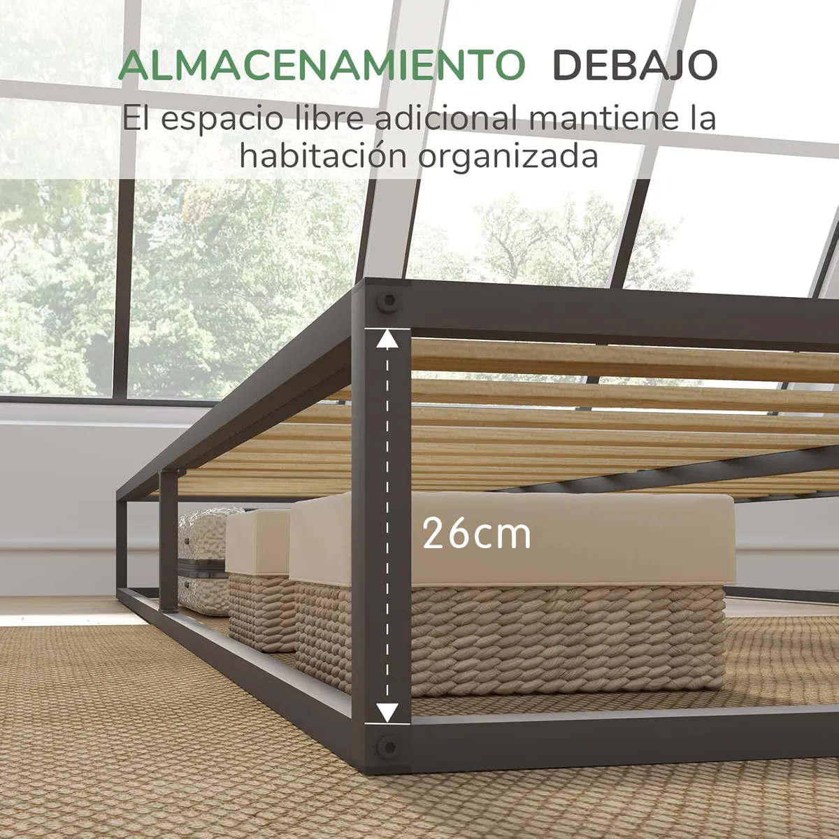 ELEMENT DESIGN - Base de Cama 1.5 Plazas Metálica con Listones de Madera 105x190x30 cm