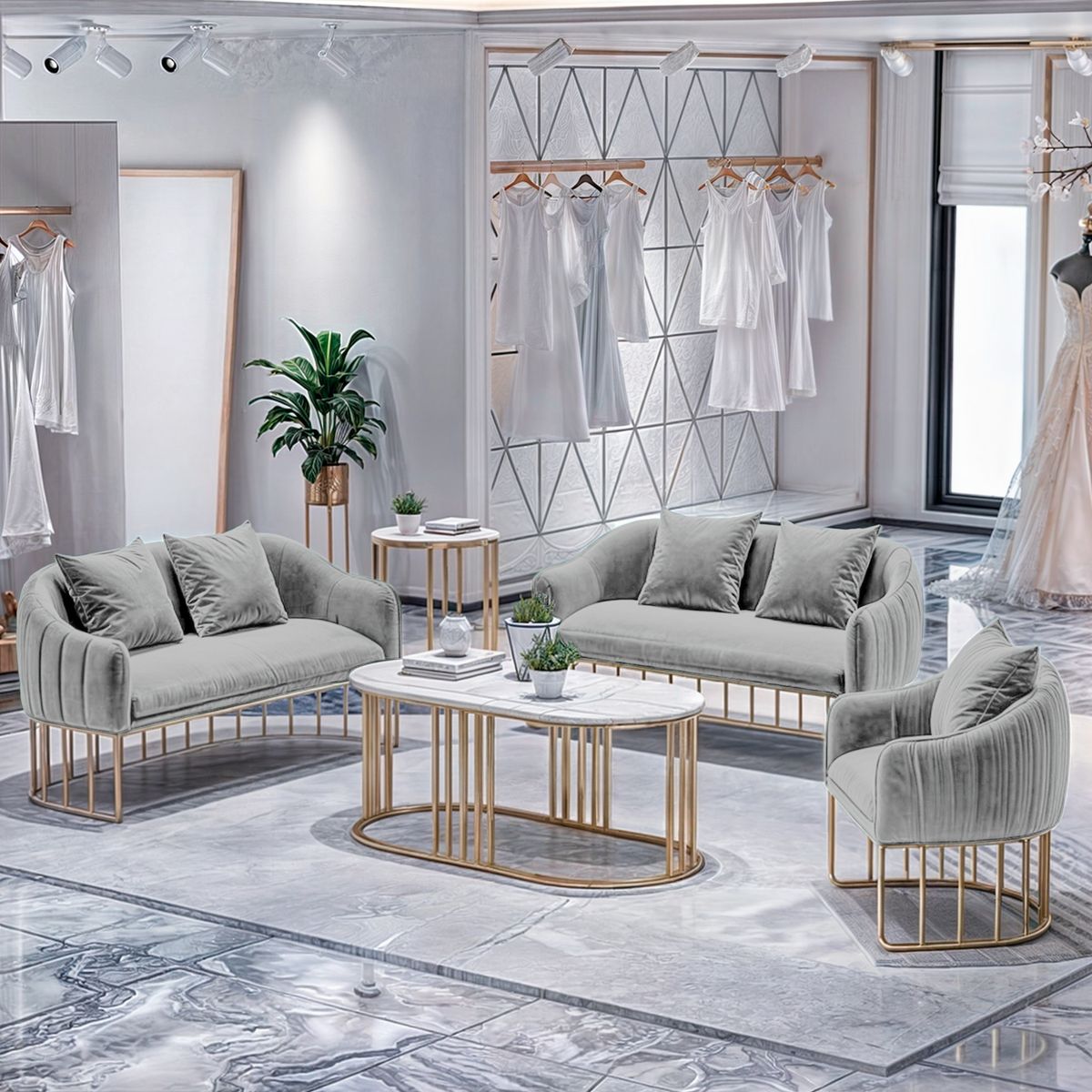 BARAKA HOME - Juego de sala 3 2 1 Luxury Sveti + Mesa de centro - Gris claro