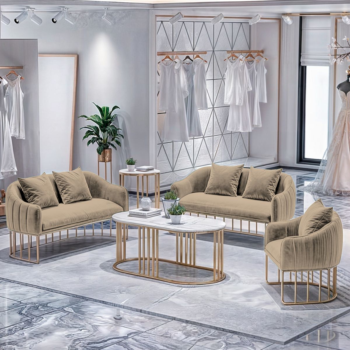 BARAKA HOME - Juego de sala 3 2 1 Luxury Sveti + Mesa de centro - Beige claro