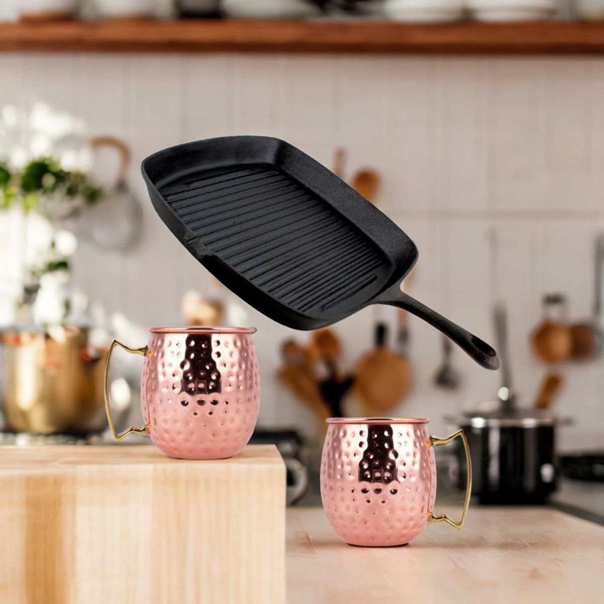 LUGANO - Pack grill hierro fundido 23cm lugano & 2 mug 500ml cobre martillado