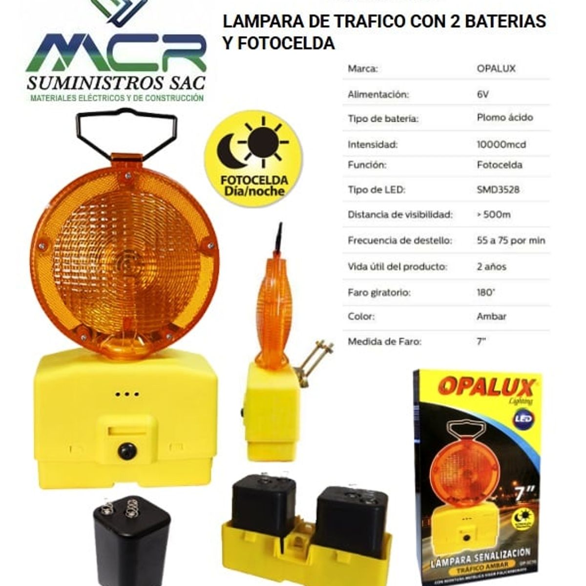 LAMPARA LED DE TRAFICO CON 2 BATERIAS Y FOTOCELDA OPALUX, marca OPALUX - Foto Principal
