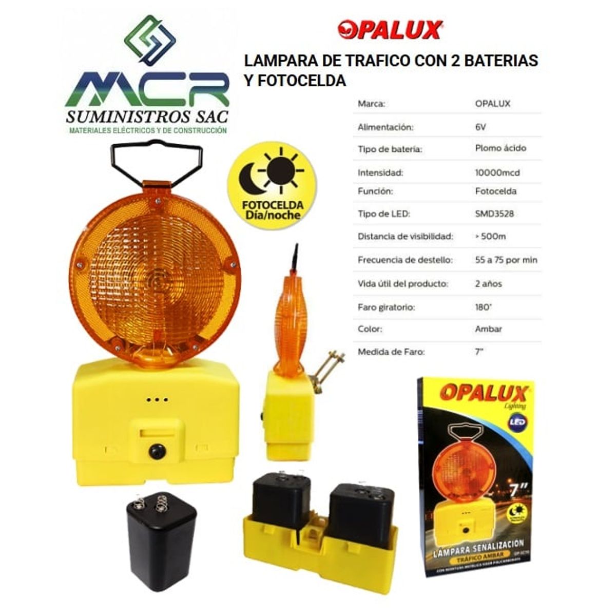 LAMPARA LED DE TRAFICO CON 2 BATERIAS Y FOTOCELDA OPALUX, marca OPALUX - Foto Principal