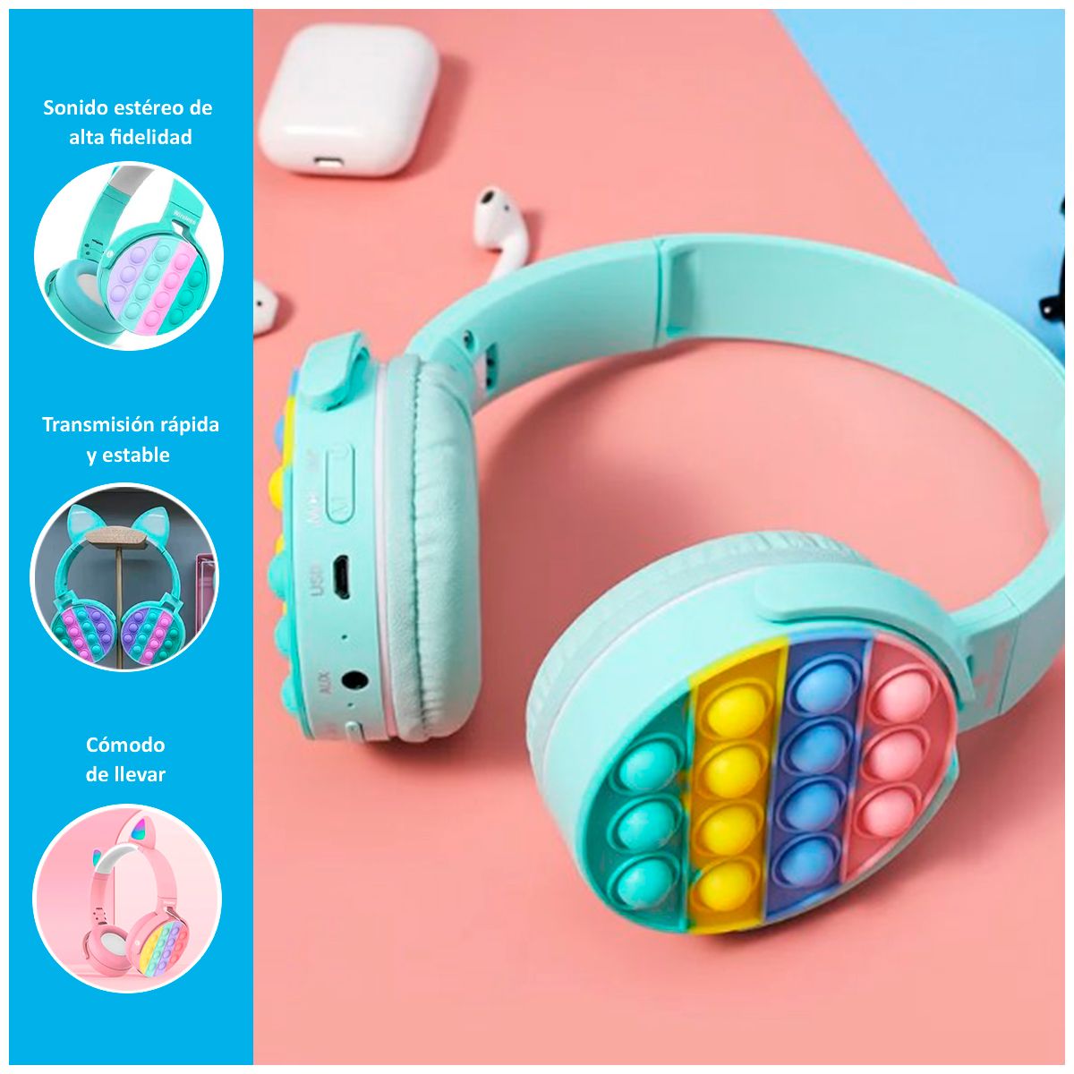 GENERICO - Audífonos Pop It de Gato con Bluetooth 5.0