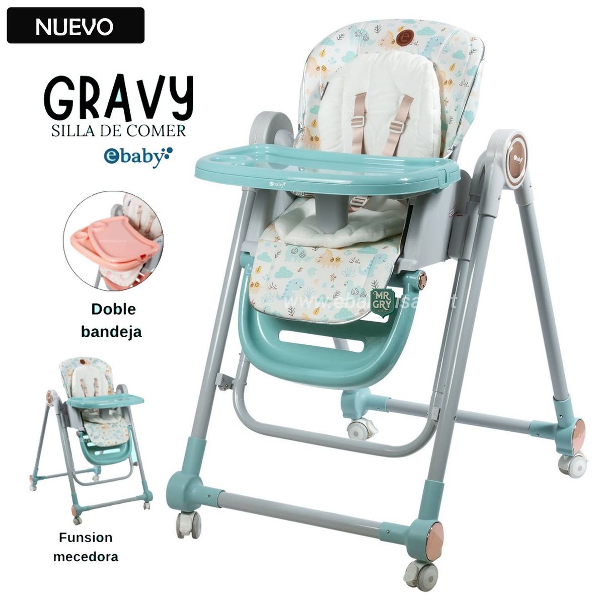 EBABY - Silla de Comer para Bebe Regulable GRAVY Verde