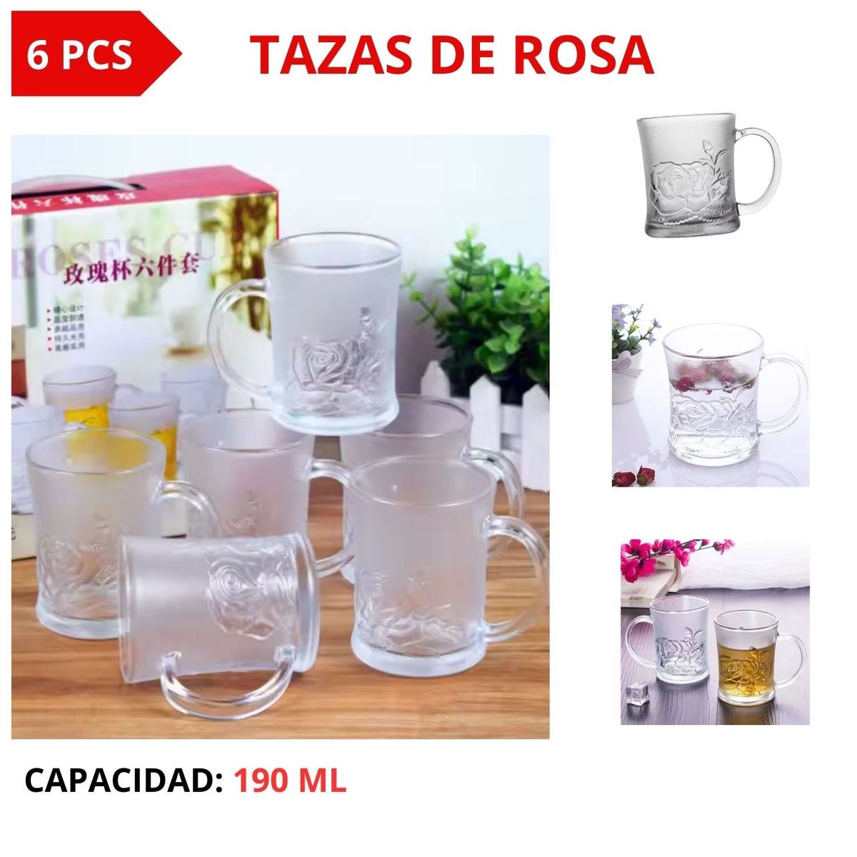 GENERICO - juego x6  tazas de rosa- vidrio